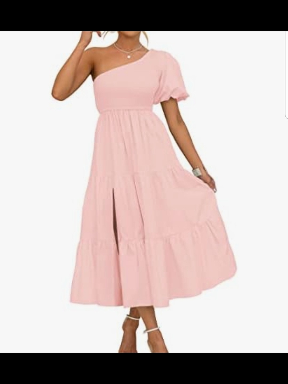 One-Shoulder Pink Tiered Midi Dress With Split